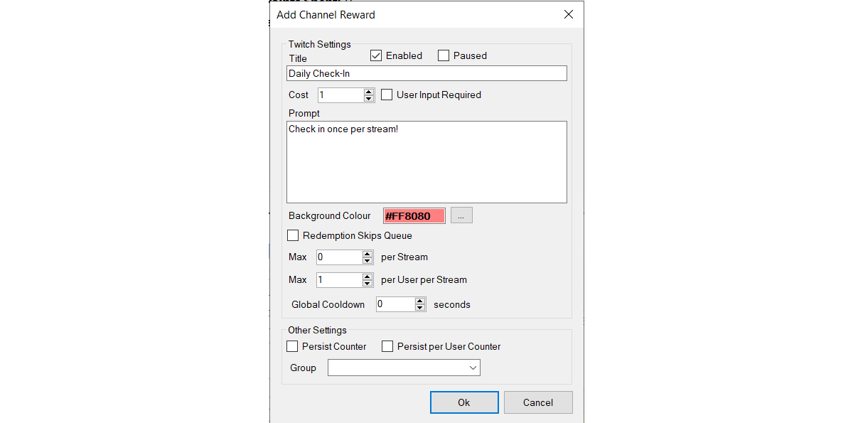 Image of the Add Channel Reward window in Streamer.Bot to add a Twitch channel reward for the Daily Check-In extension. 